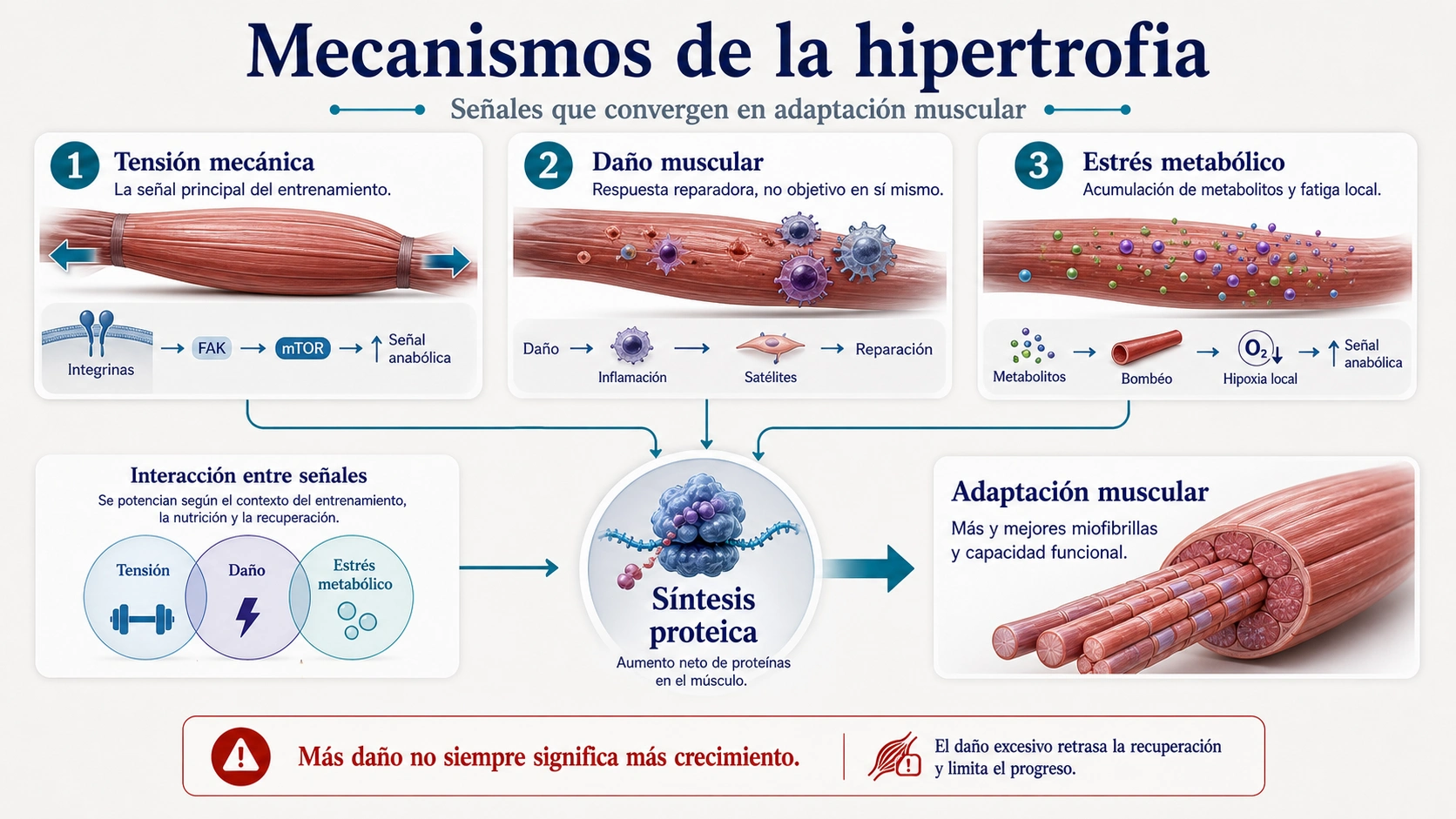Infografía de mecanismos de hipertrofia con tensión mecánica daño muscular estrés metabólico y síntesis proteica
