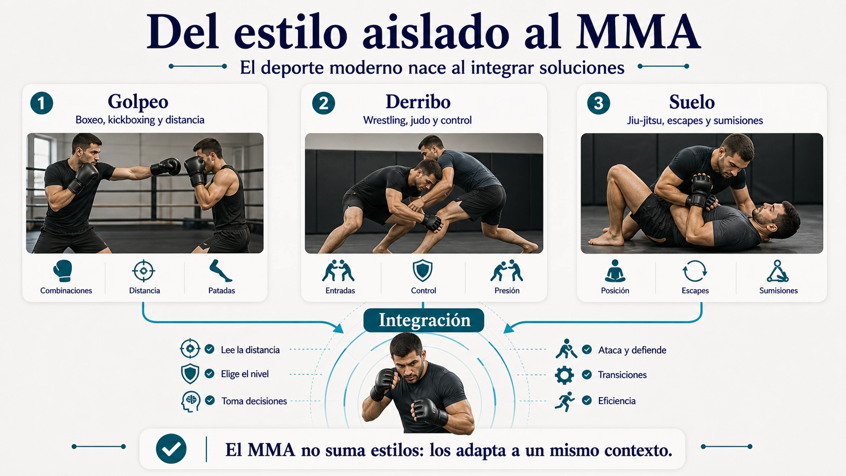 Infografía de evolución del MMA desde golpeo derribo y suelo hacia integración técnica