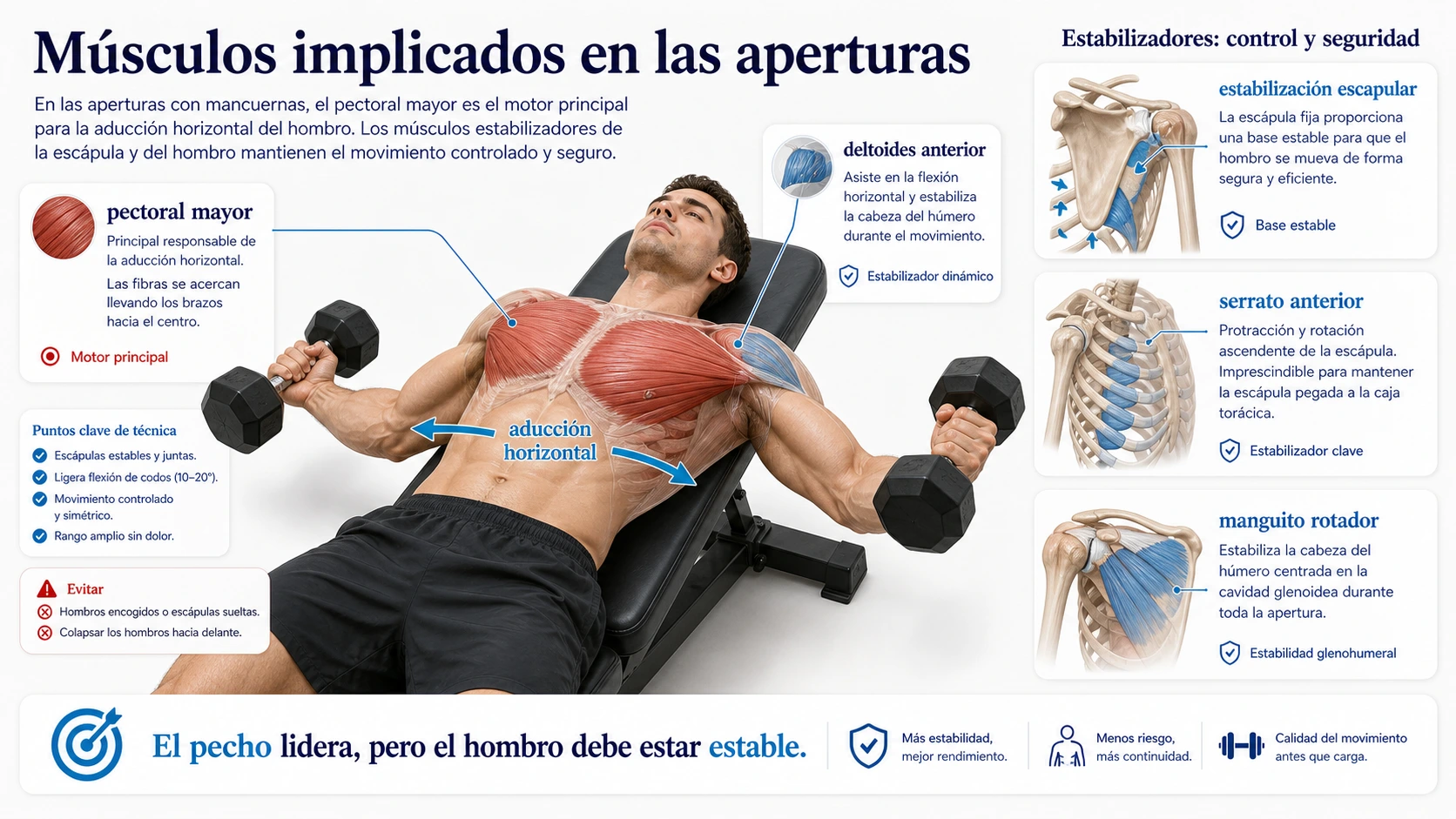 Musculos implicados en aperturas con mancuernas con pectoral mayor deltoides anterior estabilizacion escapular serrato y manguito rotador