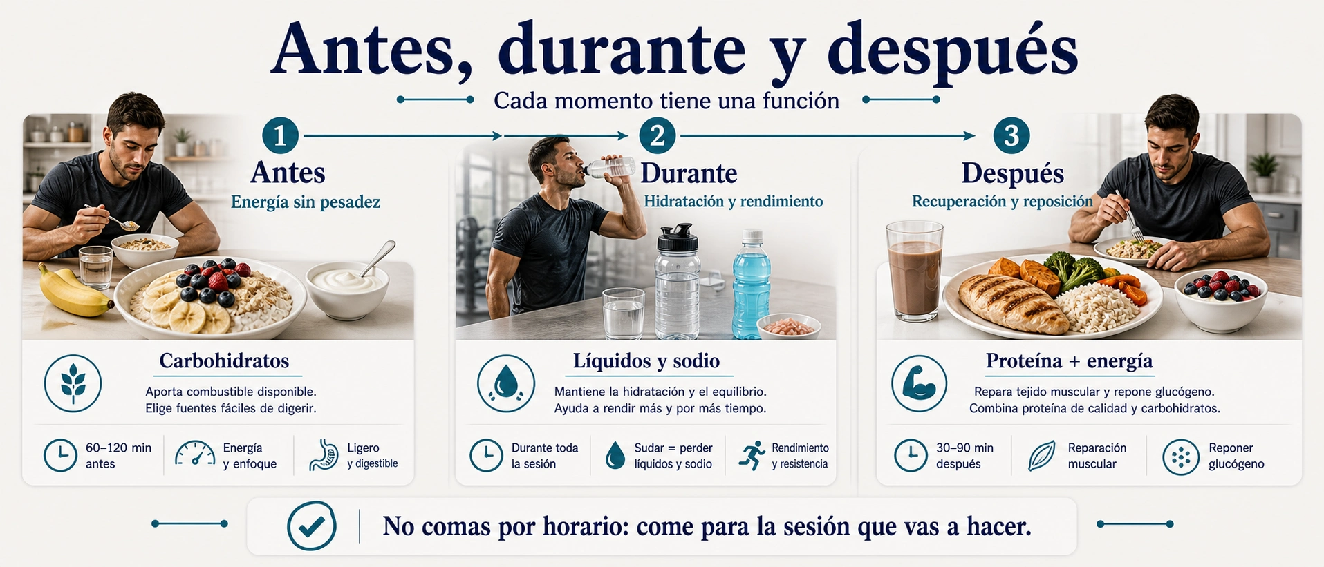 Timeline de nutrición antes durante y después del entrenamiento con carbohidratos hidratación sodio proteína y recuperación