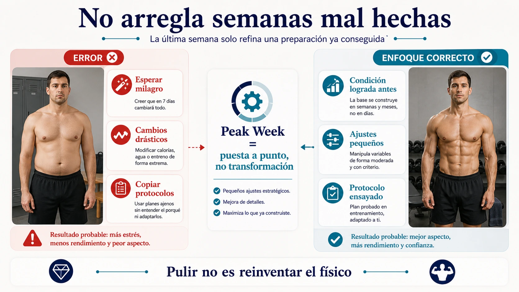 Comparativa de errores y enfoque correcto en peak week mostrando que no arregla semanas mal hechas ni sustituye la preparación previa