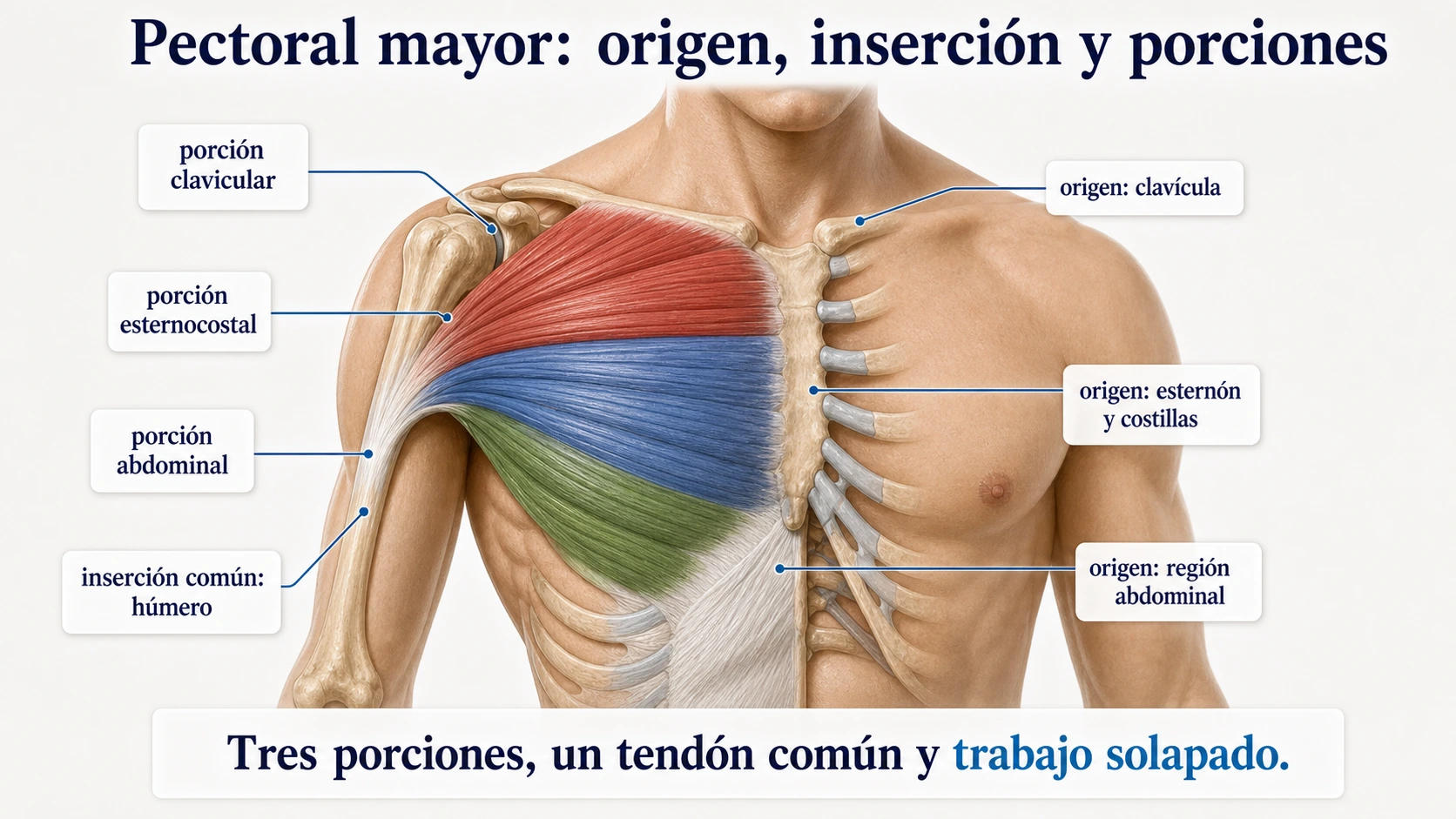Pectoral mayor con porciones clavicular esternocostal y abdominal origenes e insercion comun en el humero