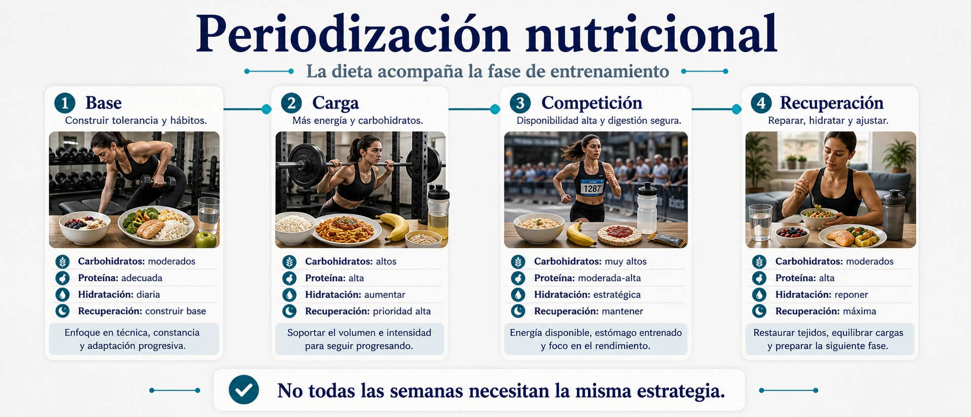 Línea temporal de periodización nutricional con base carga competición y recuperación