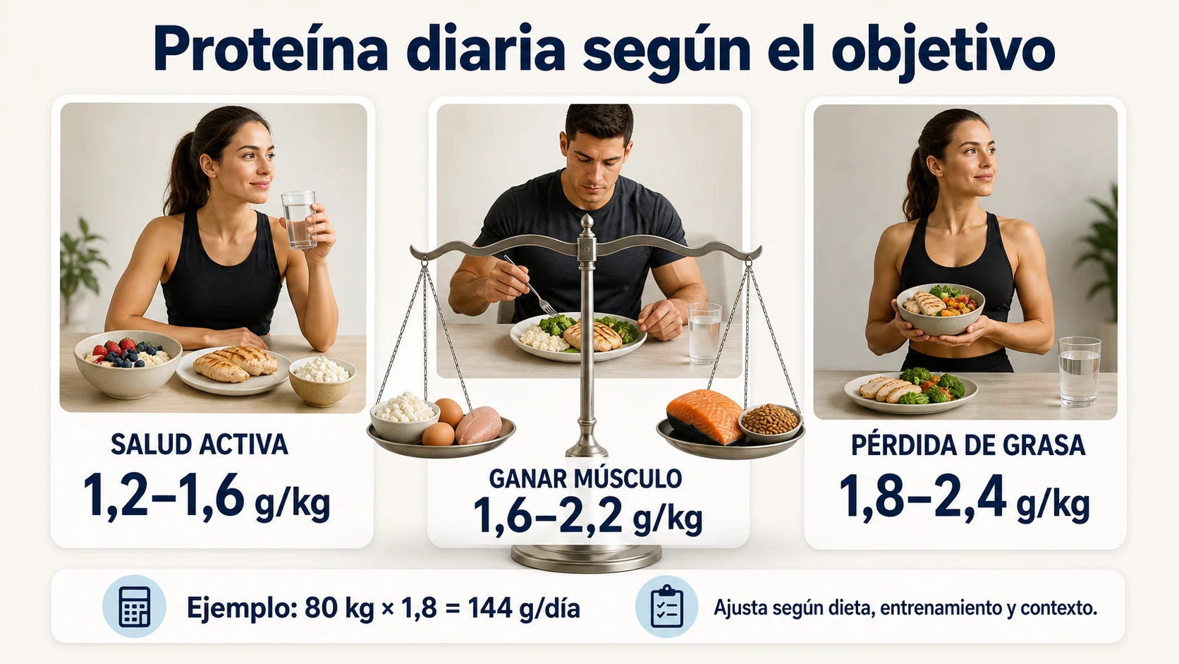 Proteína diaria por kilogramo según salud activa ganancia muscular o pérdida de grasa