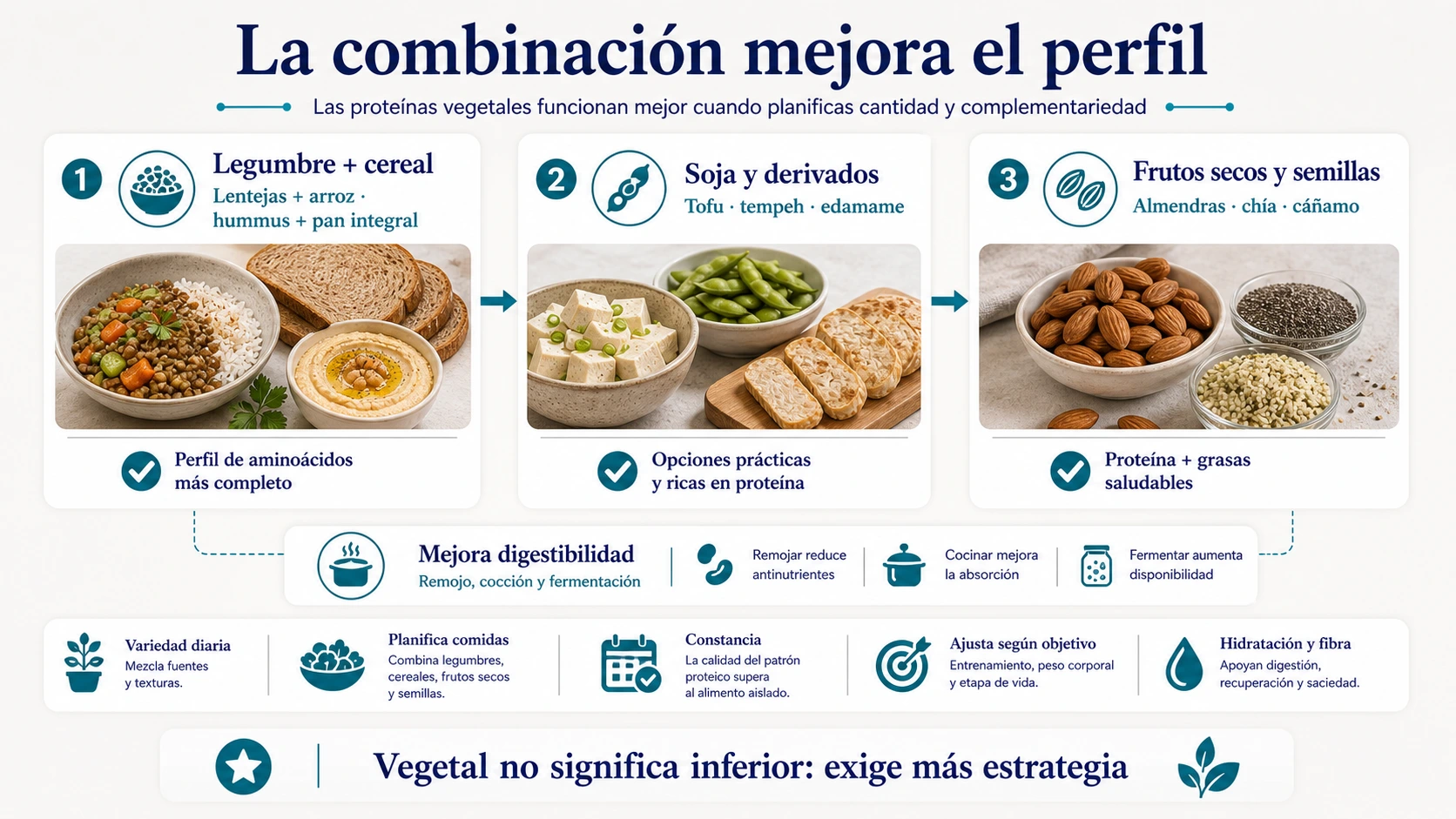 Fuentes de proteína vegetal con combinaciones de legumbres cereales soja derivados frutos secos y semillas para mejorar el perfil de aminoácidos