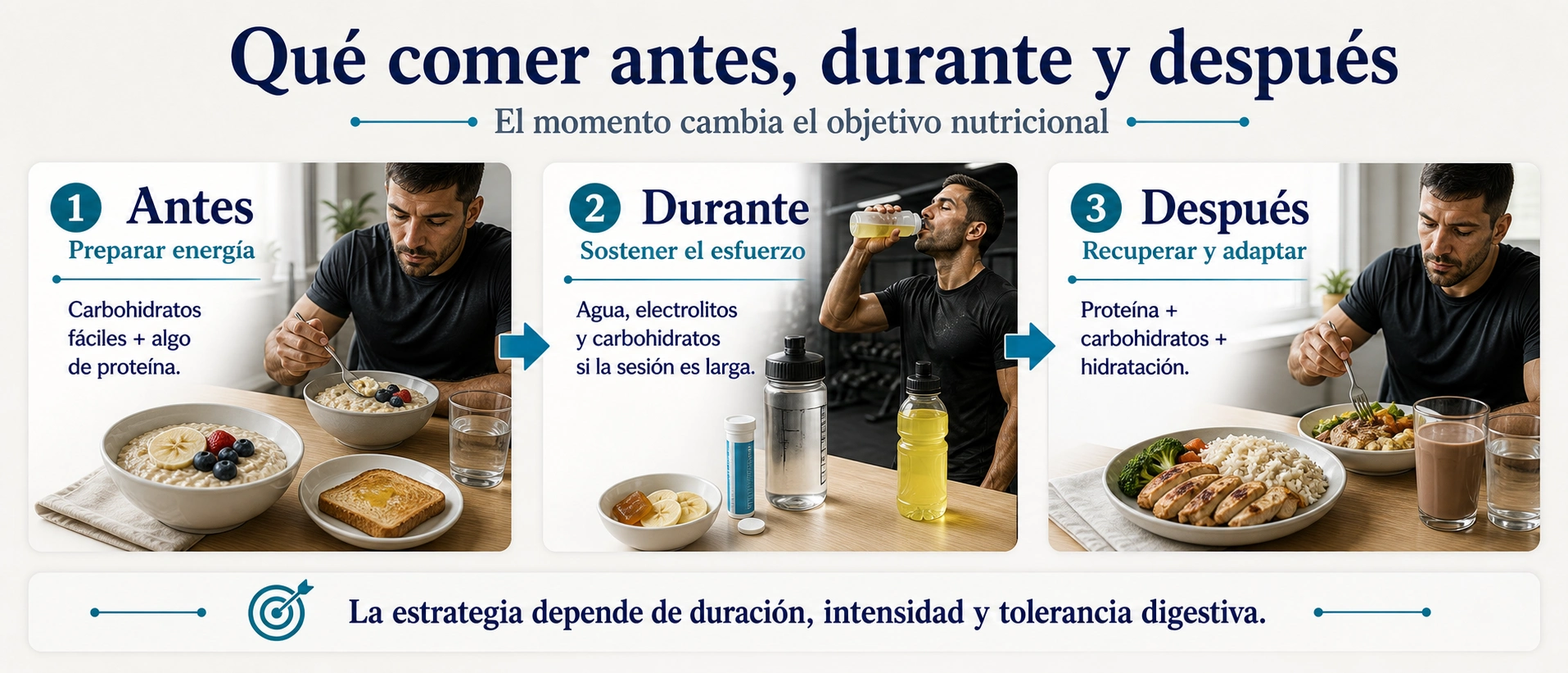 Línea temporal sobre qué comer antes durante y después de entrenar para preparar sostener y recuperar
