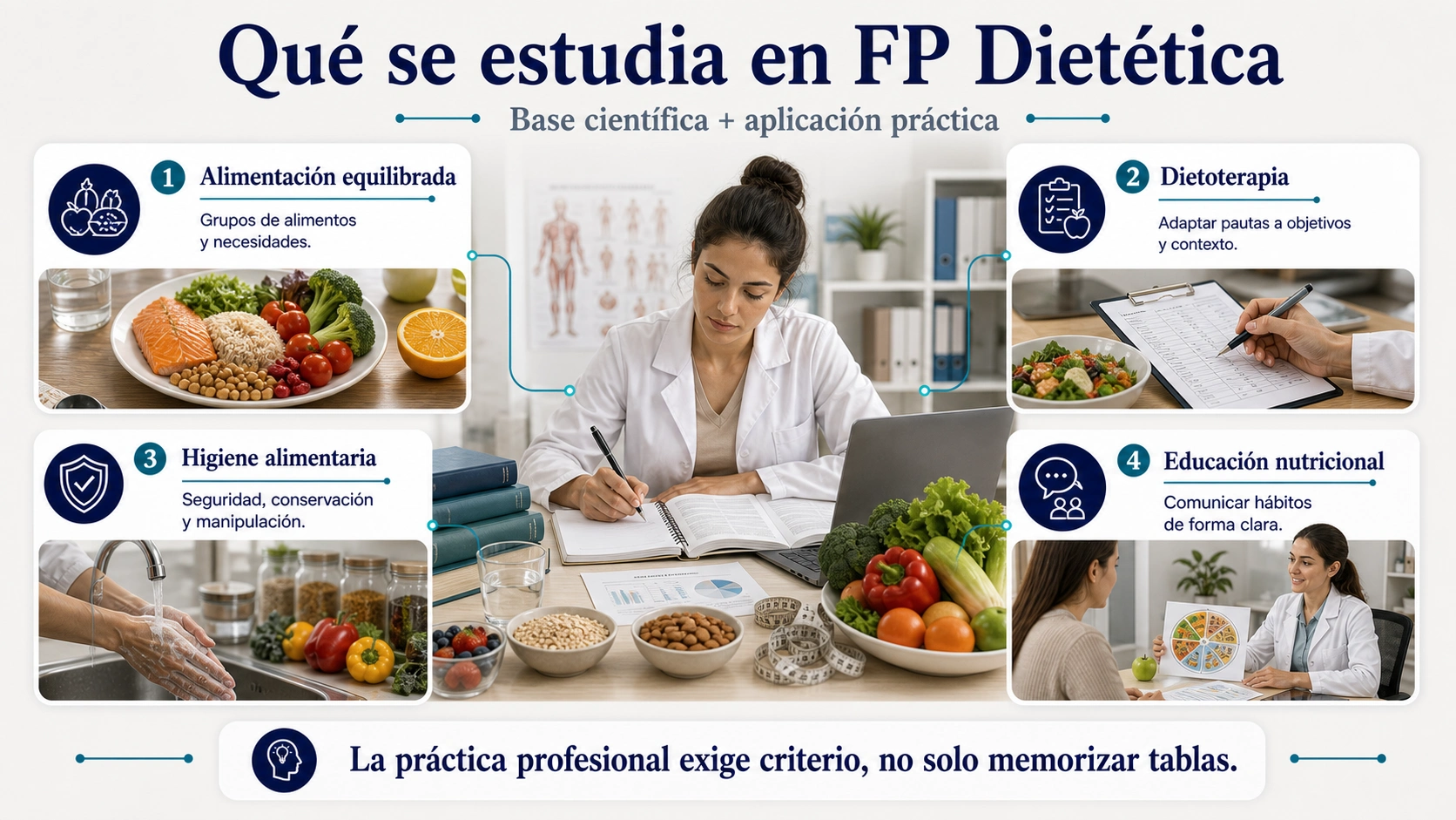 Infografía de qué se estudia en FP Dietética con alimentación dietoterapia higiene alimentaria y educación nutricional