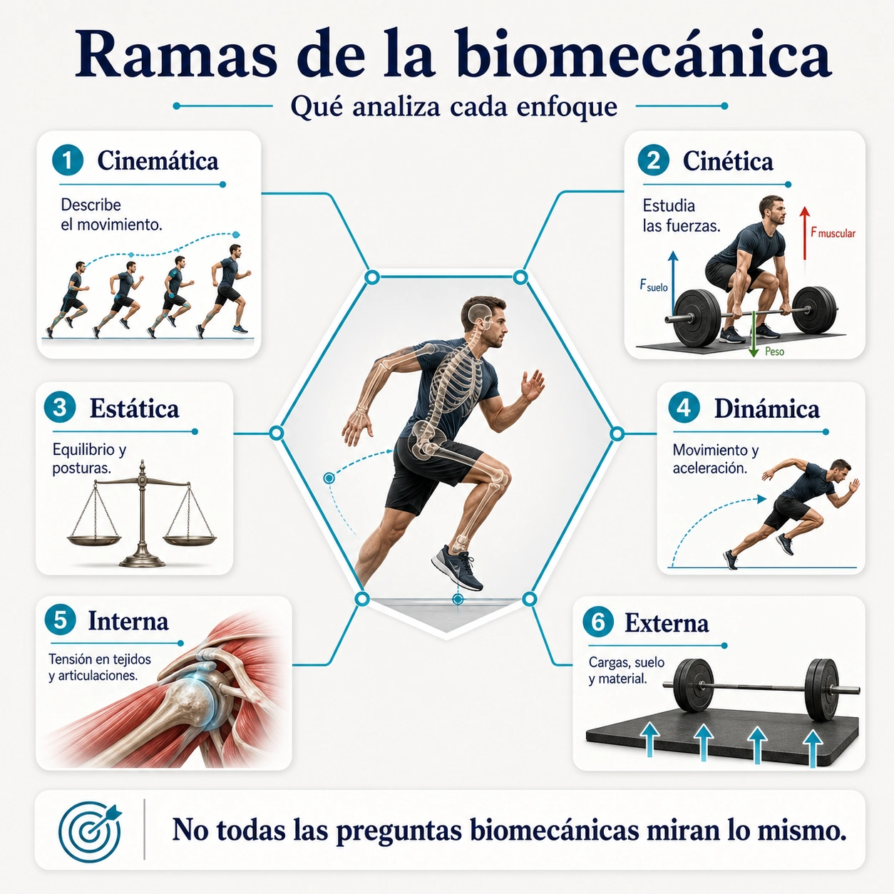 Mapa de ramas de la biomecánica con cinemática cinética estática dinámica interna y externa