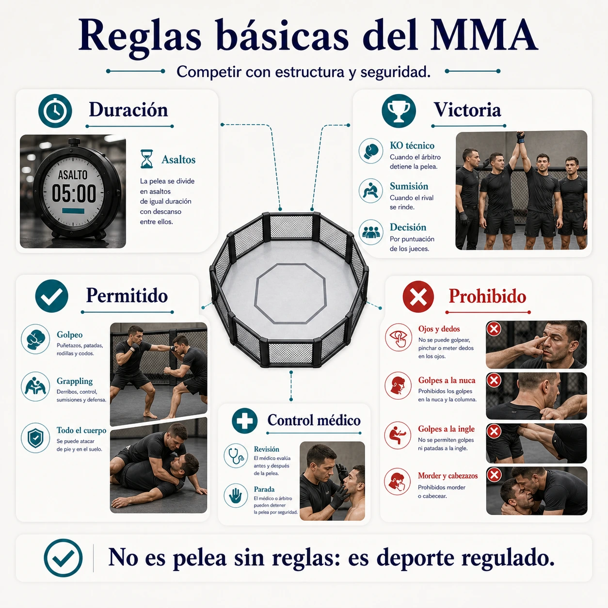 Reglas básicas del MMA con duración formas de victoria acciones permitidas prohibidas y control médico