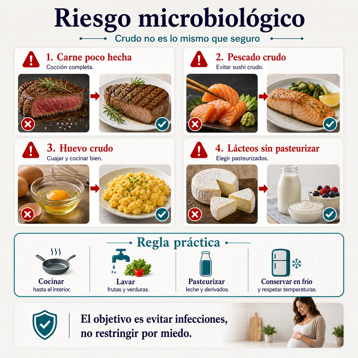 Infografía de riesgo microbiológico en embarazo con carne poco hecha pescado crudo huevo crudo y lácteos sin pasteurizar