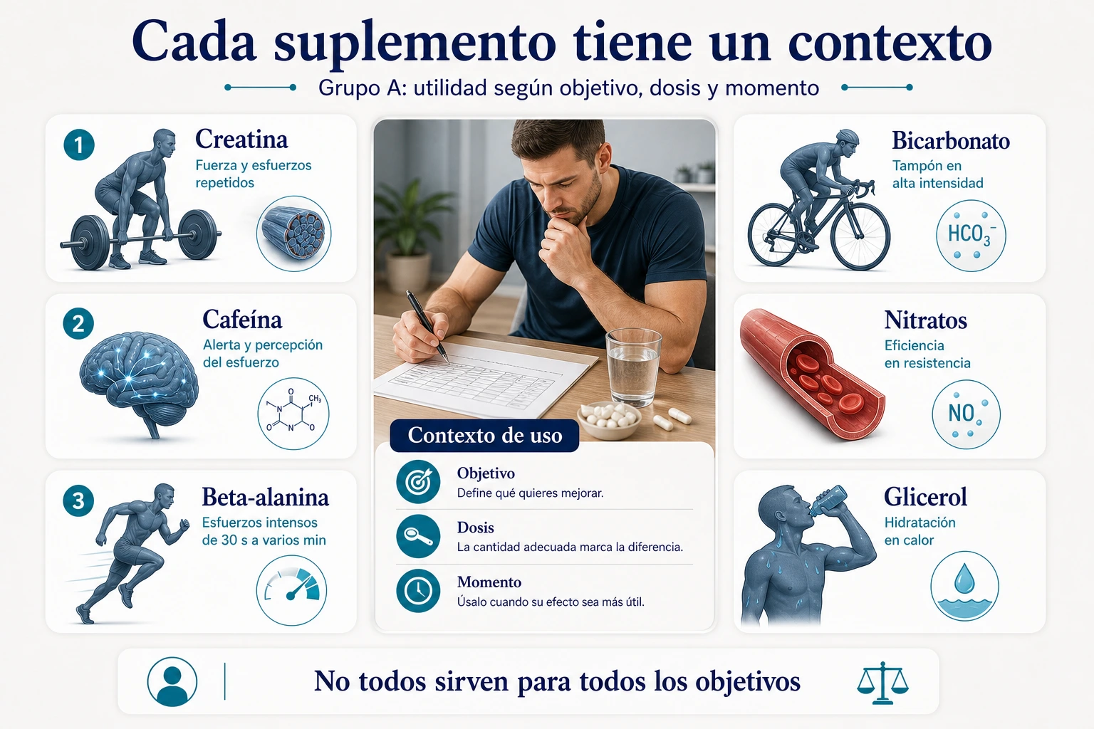 Mapa de suplementos deportivos del grupo A con creatina cafeína beta alanina bicarbonato nitratos y glicerol según contexto de uso