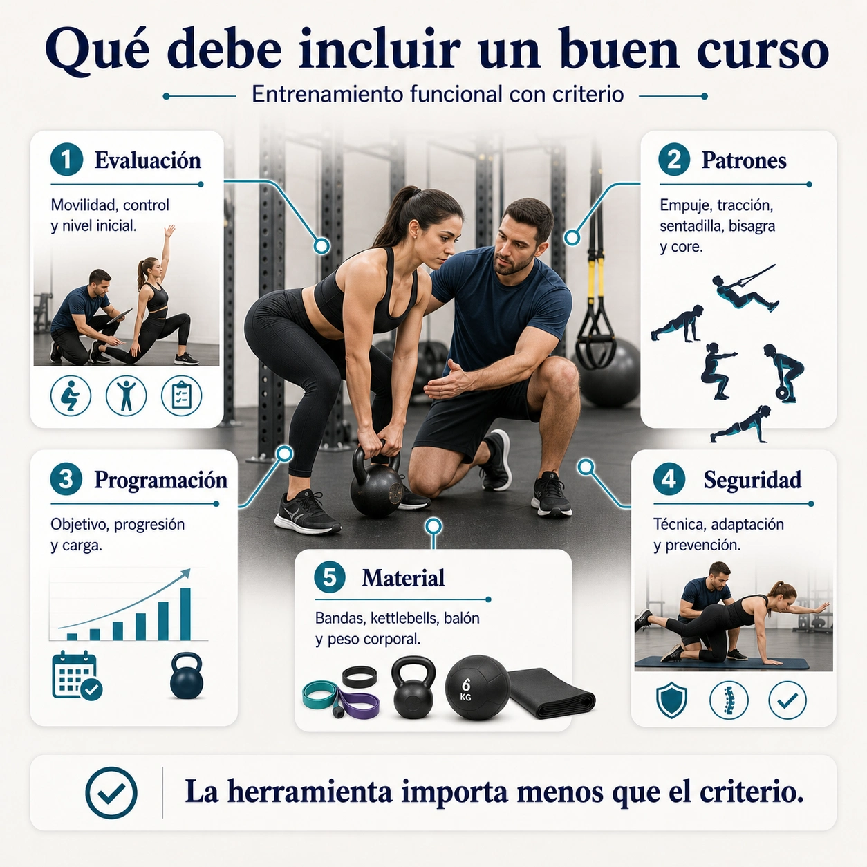 Mapa de contenidos de un buen curso de entrenamiento funcional con evaluación patrones programación seguridad y material