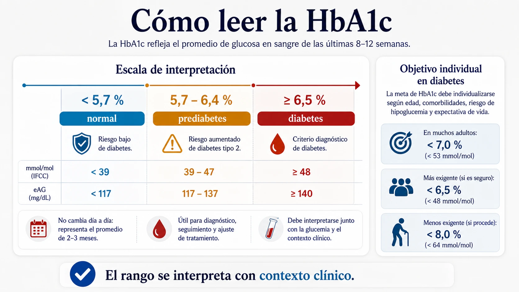 Escala de valores de HbA1c con rango normal prediabetes diabetes y objetivos individualizados