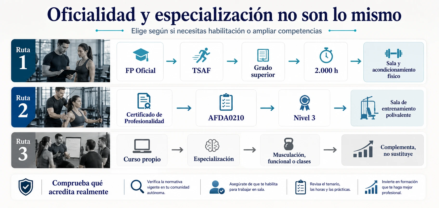 Rutas formativas para monitor de gimnasio con FP oficial TSAF certificado de profesionalidad AFDA0210 y curso propio de especialización