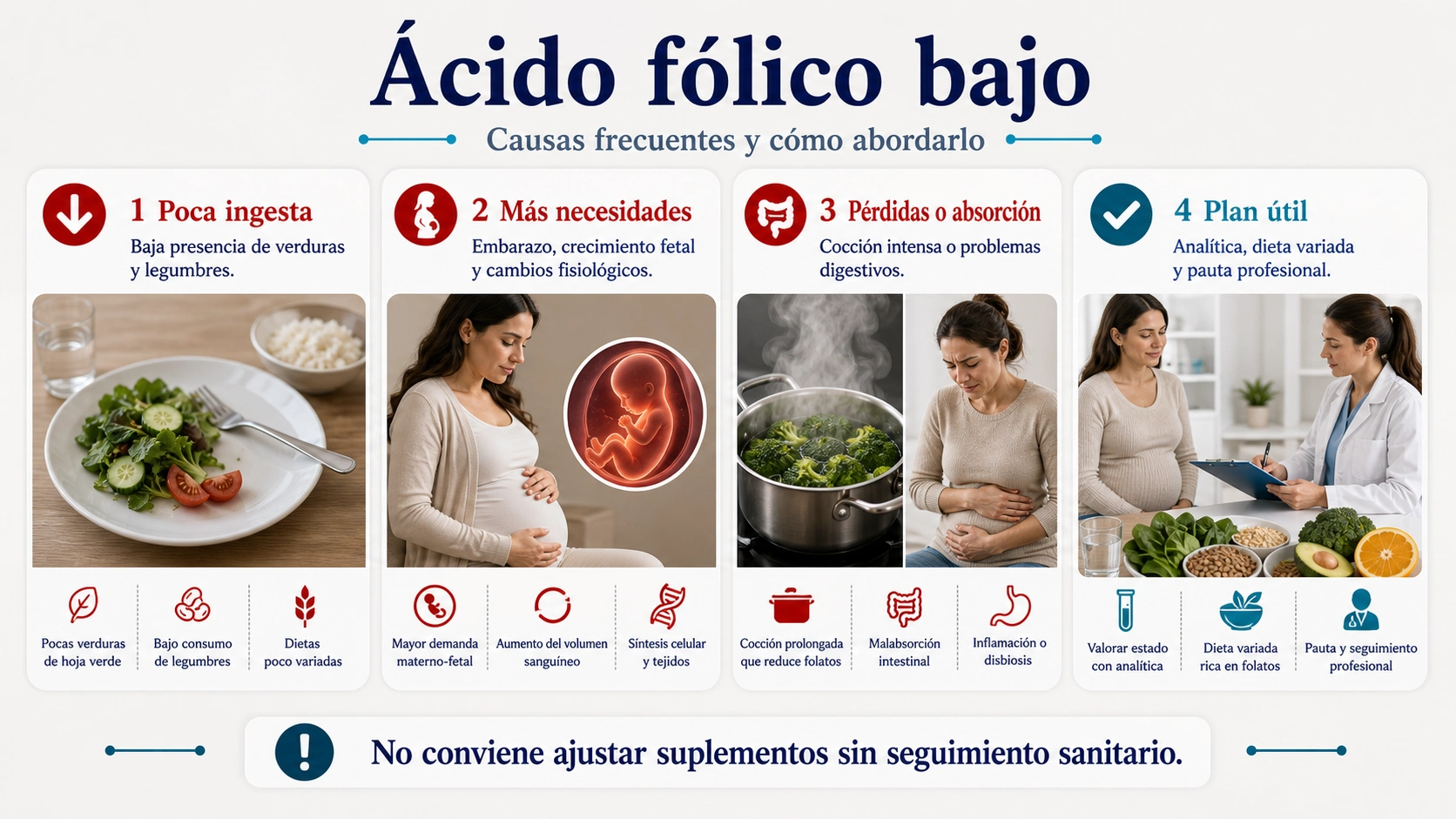 Infografía de ácido fólico bajo con poca ingesta más necesidades pérdidas absorción y plan útil