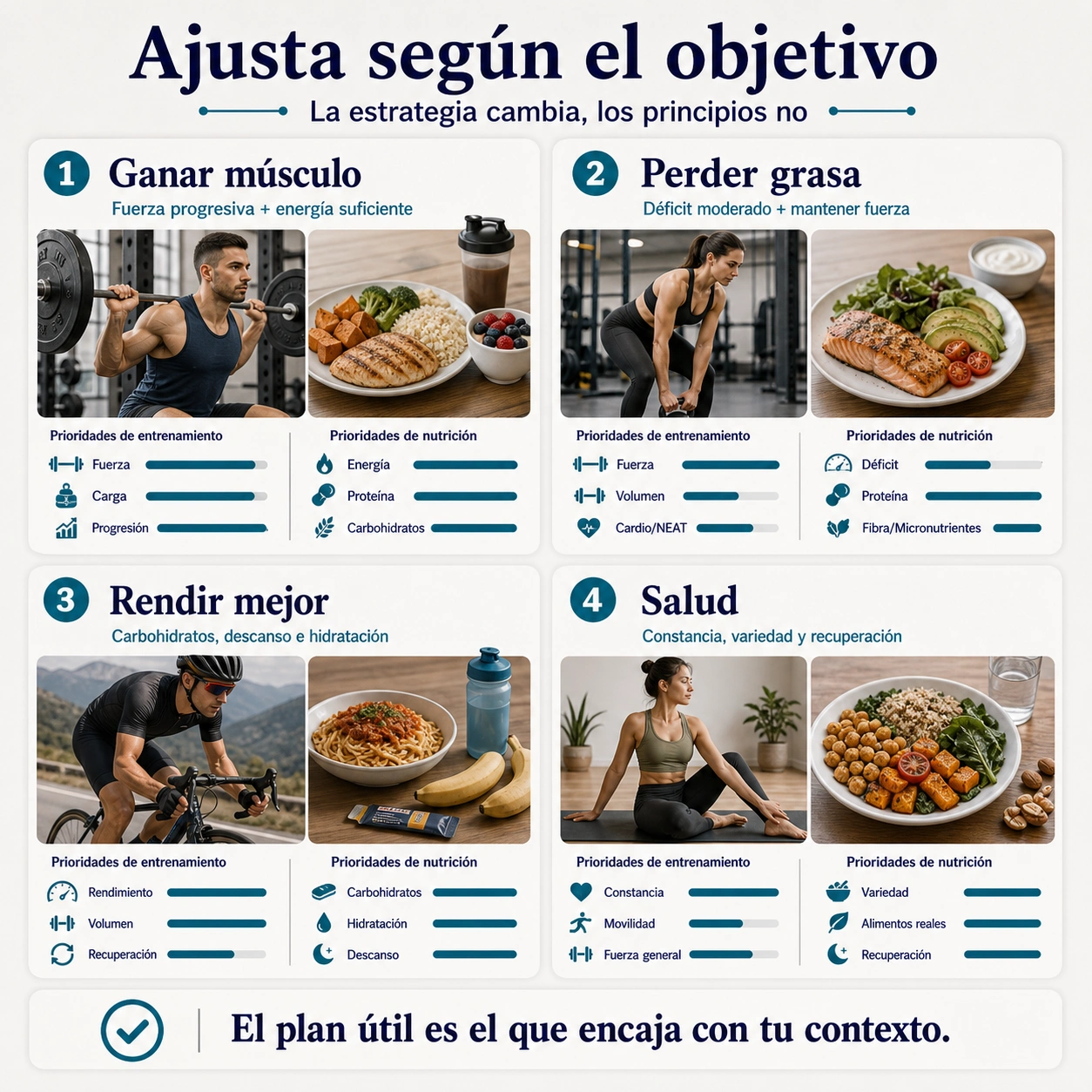 Matriz para ajustar nutrición y entrenamiento según objetivo de ganar músculo perder grasa rendir mejor o salud
