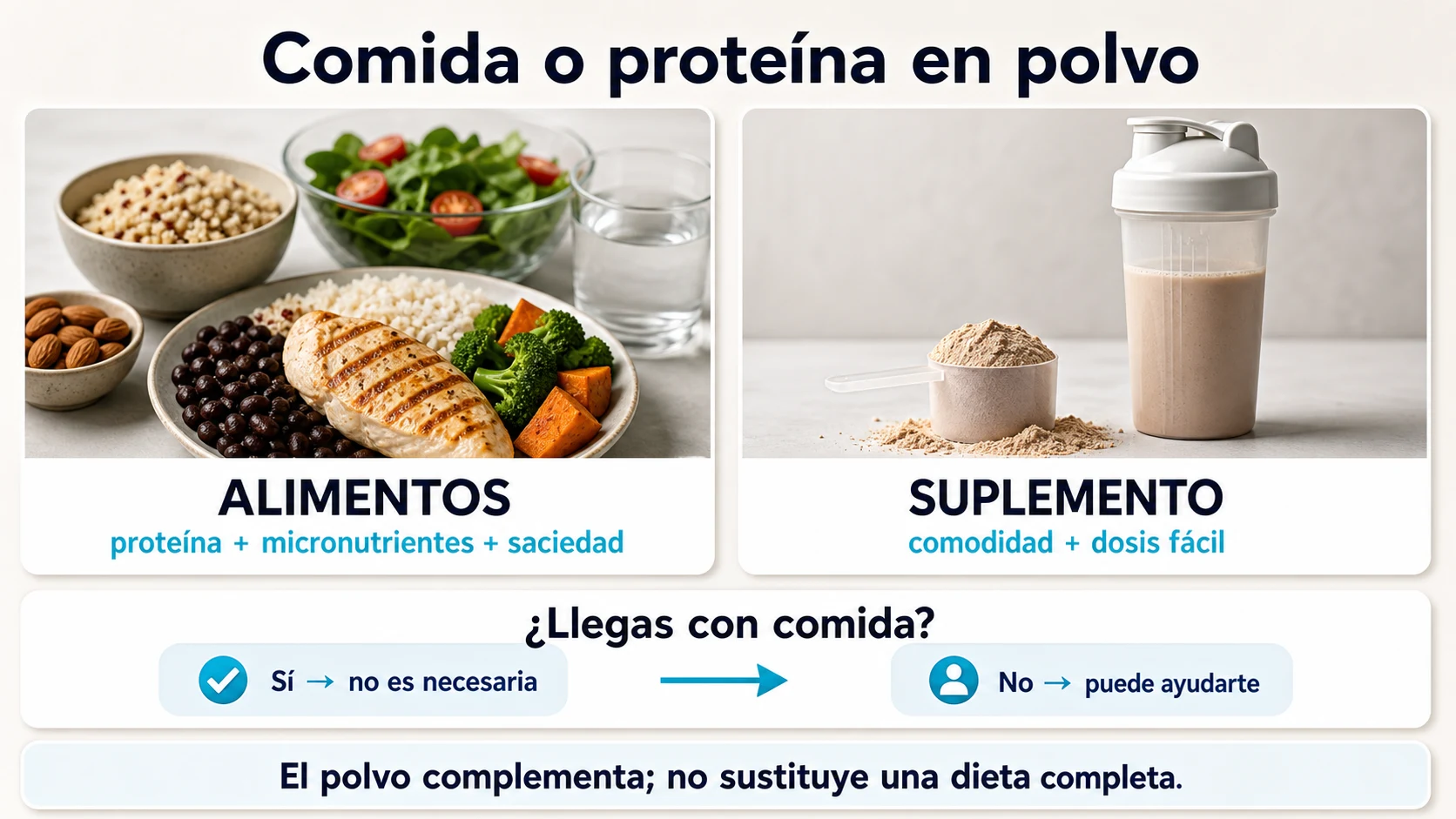 Comparación entre alimentos proteicos y proteína en polvo como suplemento