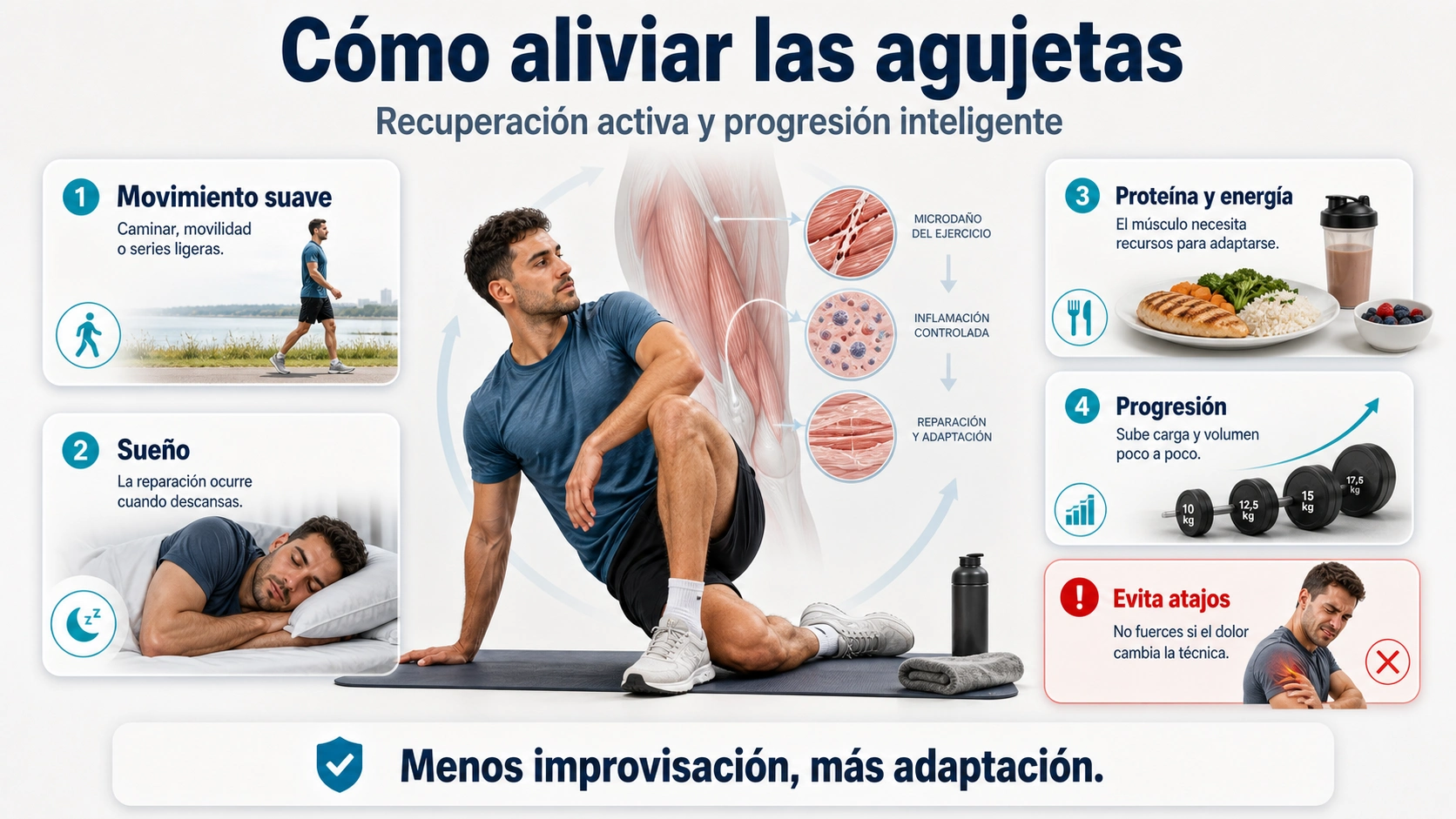 Infografía de cómo aliviar las agujetas con movimiento suave sueño proteína energía y progresión del entrenamiento