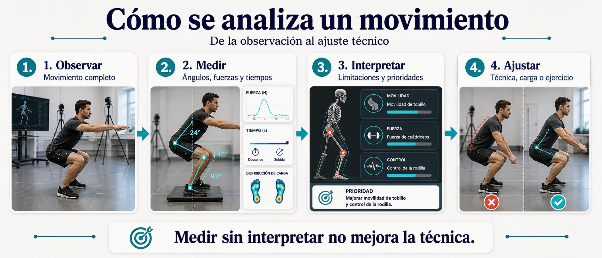 Flujo de análisis biomecánico para observar medir interpretar y ajustar un movimiento