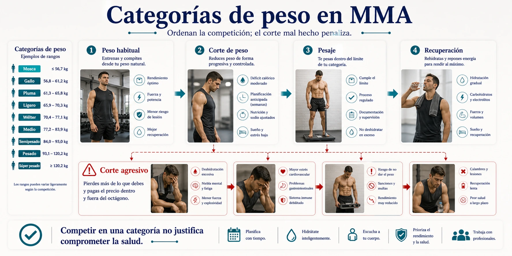 Categorías de peso en MMA y proceso de corte pesaje y recuperación con alerta sobre corte agresivo