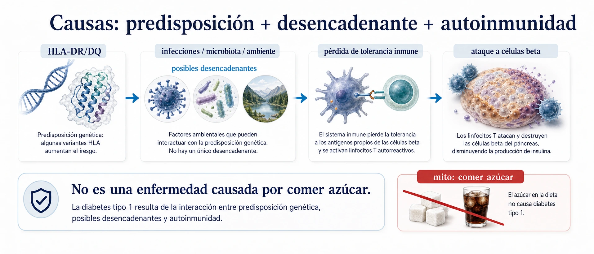 Causas multifactoriales de diabetes tipo 1 con predisposicion HLA desencadenantes ambientales y autoinmunidad