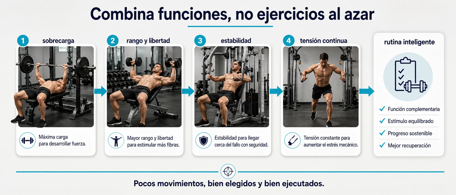 Mapa de funciones para combinar ejercicios de pecho por sobrecarga rango estabilidad y tension continua
