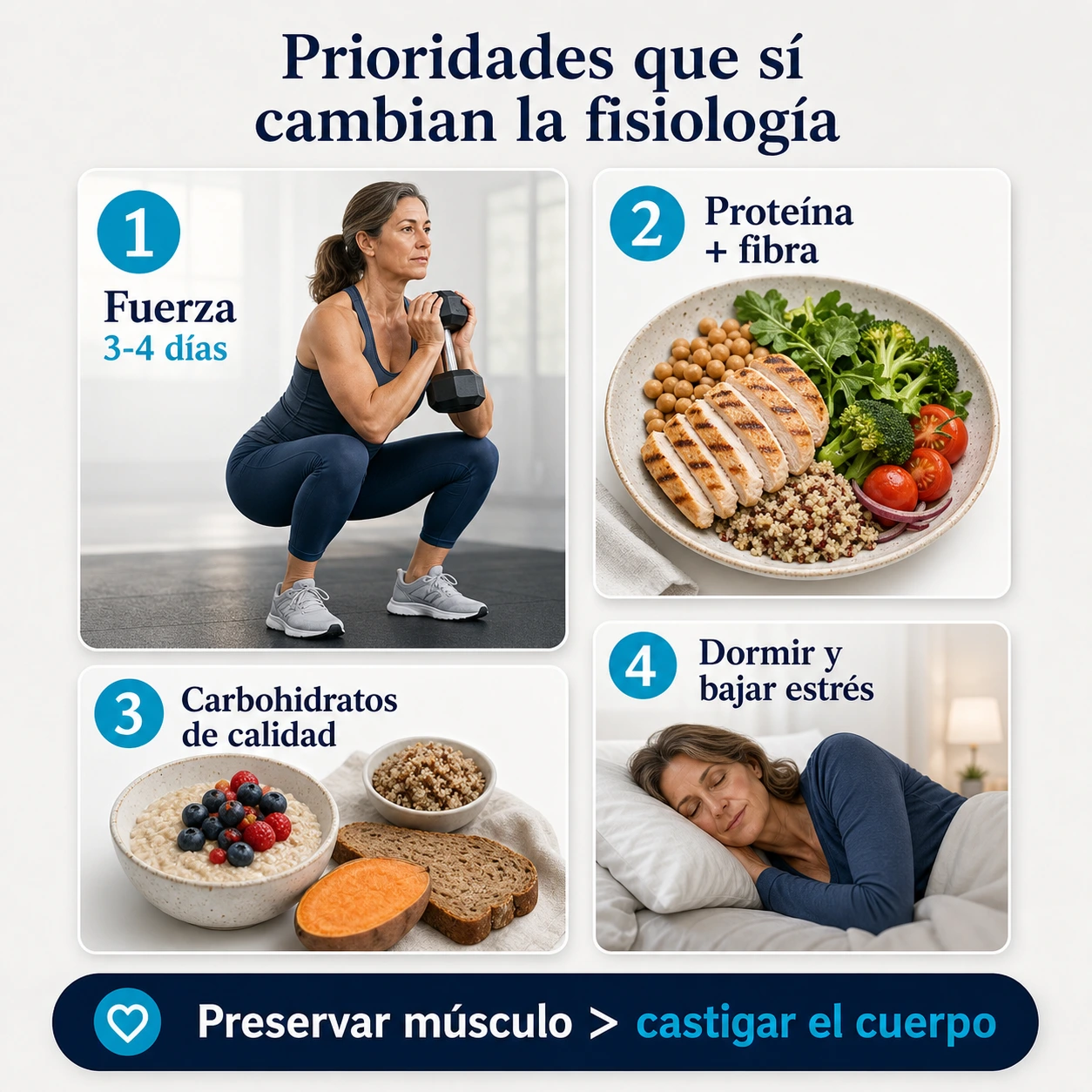 Prioridades para evitar ganar grasa en la menopausia con fuerza proteina fibra carbohidratos de calidad y descanso