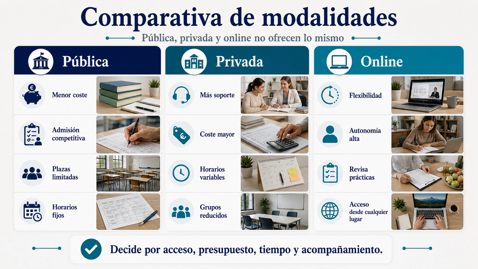 Comparativa de modalidades para FP Dietética en Madrid con pública privada y online