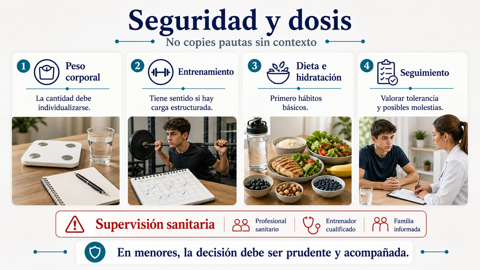 Infografía de seguridad y dosis de creatina en adolescentes con peso entrenamiento dieta hidratación y seguimiento