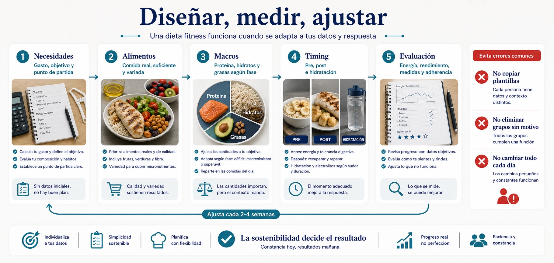 Flujo para diseñar una dieta fitness paso a paso con necesidades alimentos macronutrientes timing evaluación y ajustes
