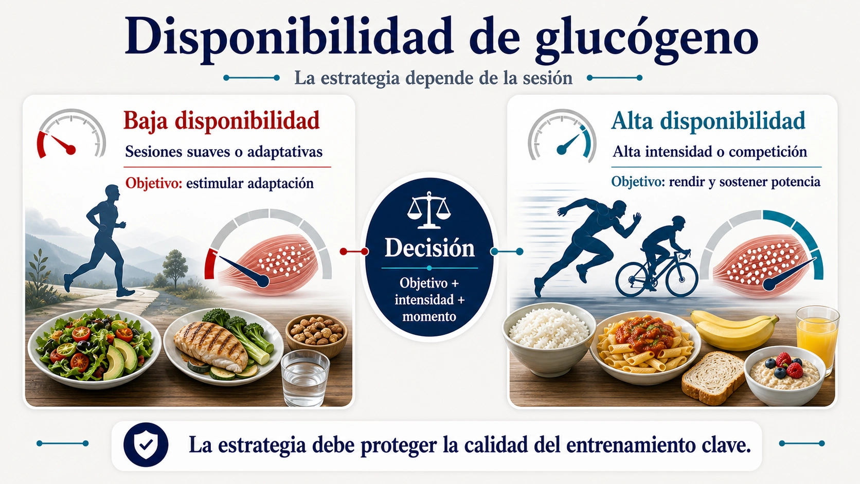 Infografía de disponibilidad de glucógeno baja y alta según objetivo intensidad y momento