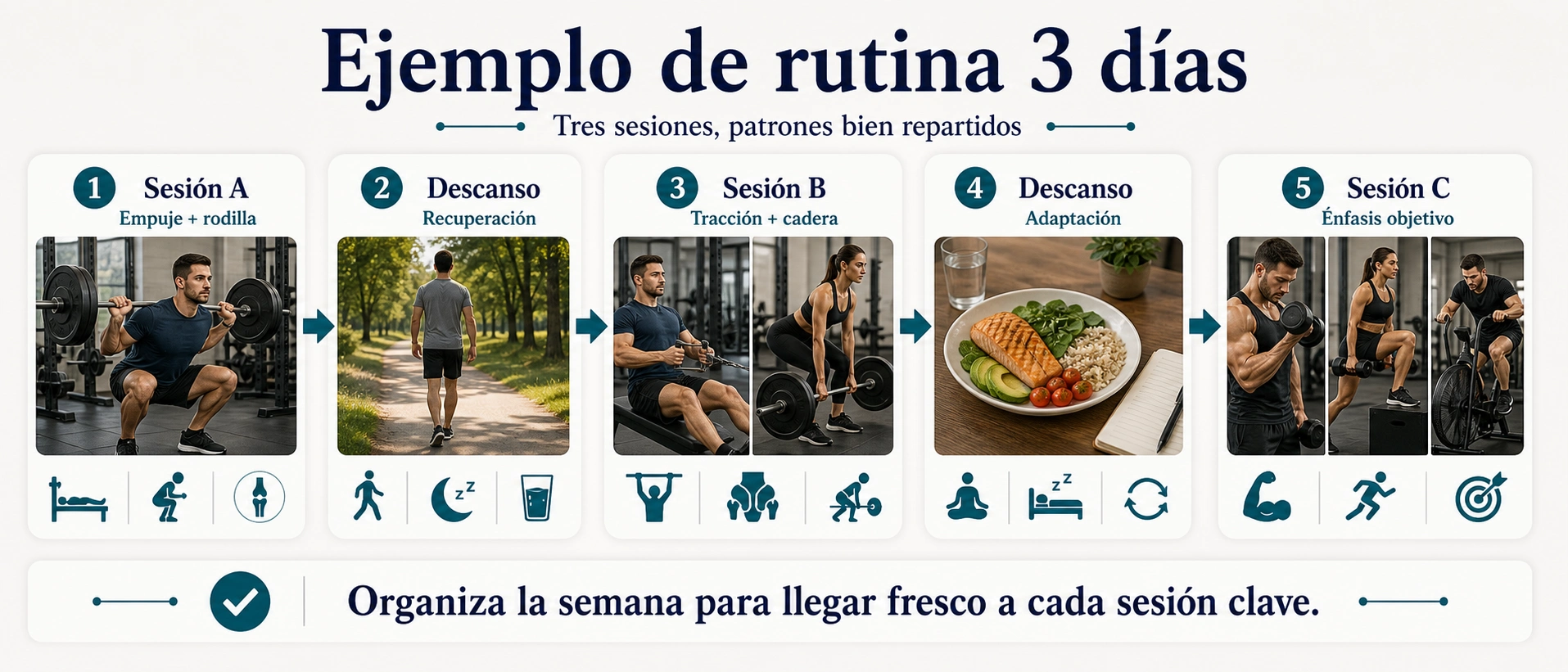 Ejemplo de rutina de gimnasio 3 días con sesión A descanso sesión B recuperación y sesión C
