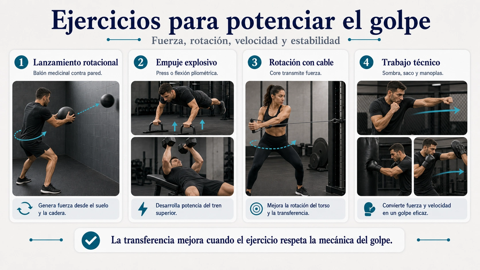 Infografía de ejercicios para mejorar potencia de golpeo en MMA con lanzamiento rotacional empuje explosivo core y técnica