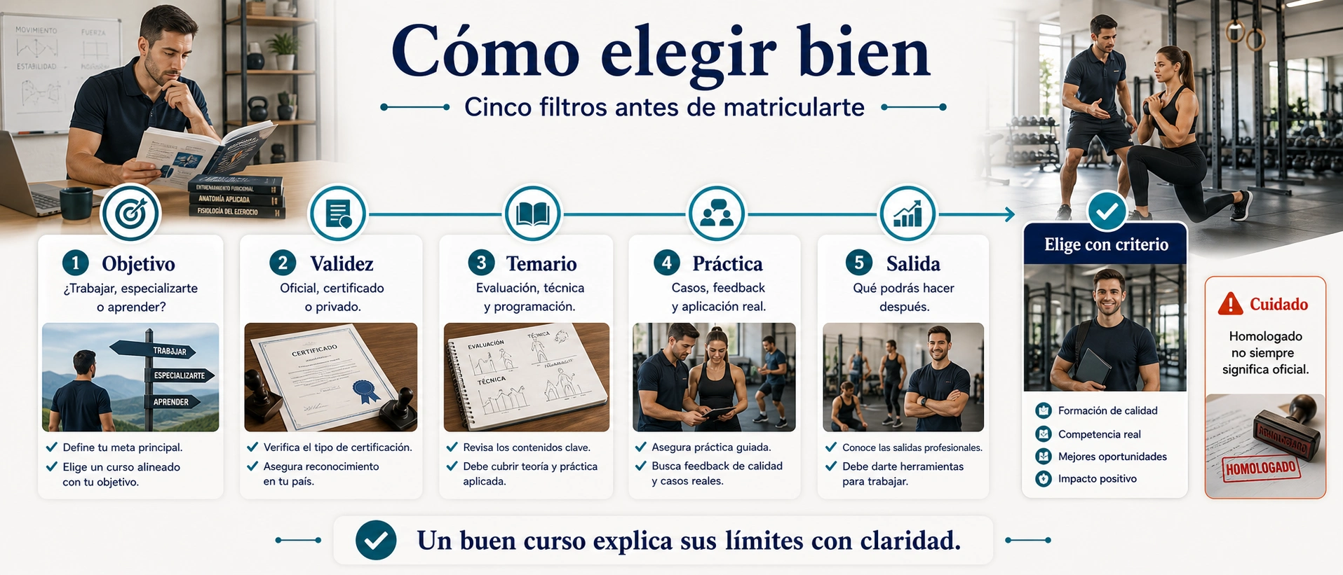 Árbol de decisión para elegir curso de entrenador funcional según objetivo validez temario práctica y salida profesional