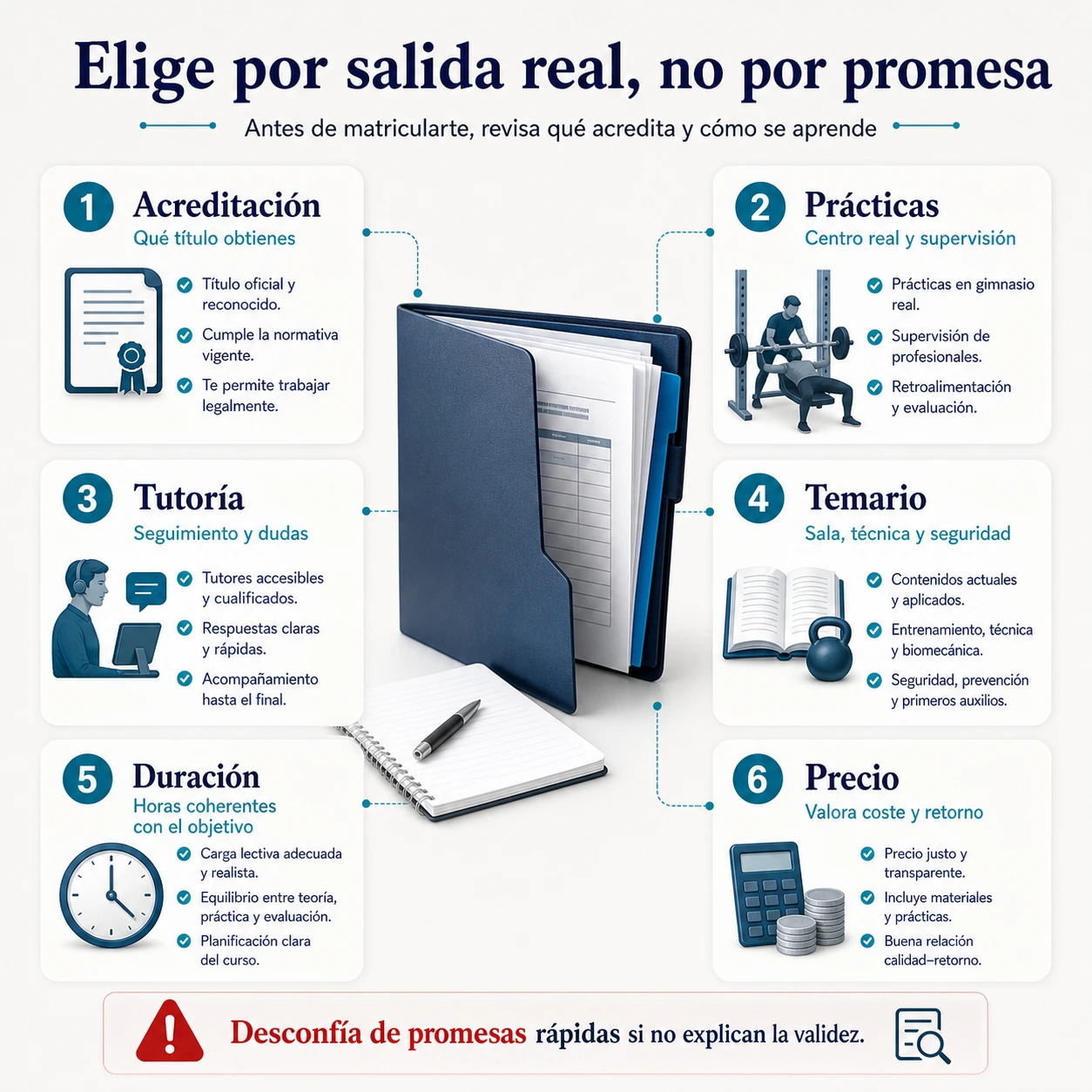 Checklist para elegir curso de monitor de gimnasio revisando acreditación prácticas tutoría temario duración y precio