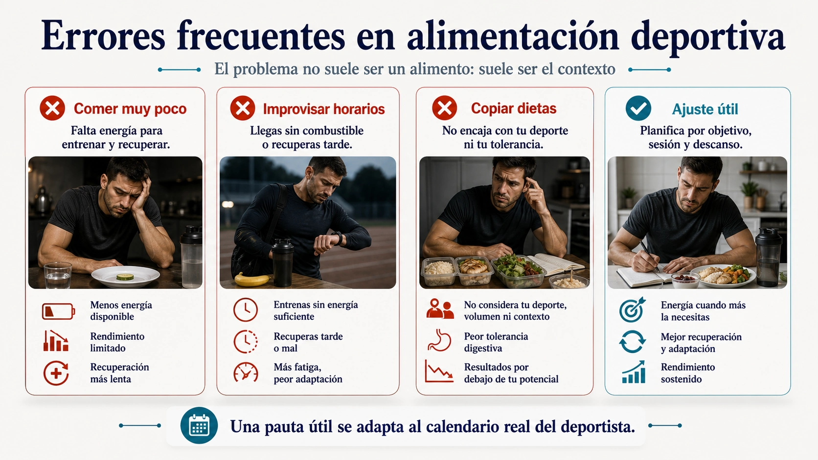 Infografía de errores frecuentes en alimentación deportiva con comer poco horarios dietas copiadas y ajuste útil