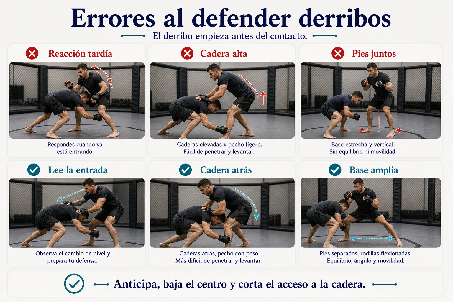 Errores al defender derribos en MMA reacción tardía cadera alta y pies juntos con sus correcciones