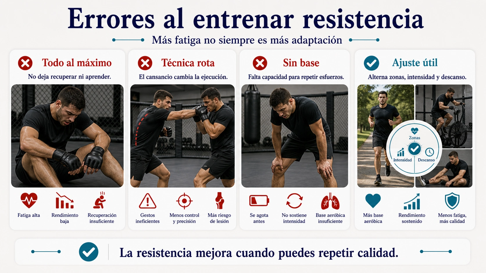 Infografía de errores al entrenar resistencia en MMA con fatiga técnica rota falta de base y ajuste útil