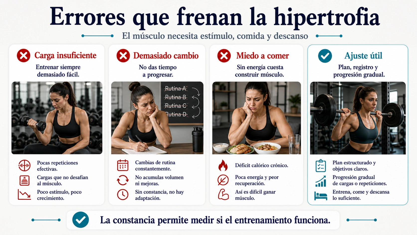 Infografía de errores que frenan la hipertrofia con carga insuficiente cambios de rutina miedo a comer y ajuste útil