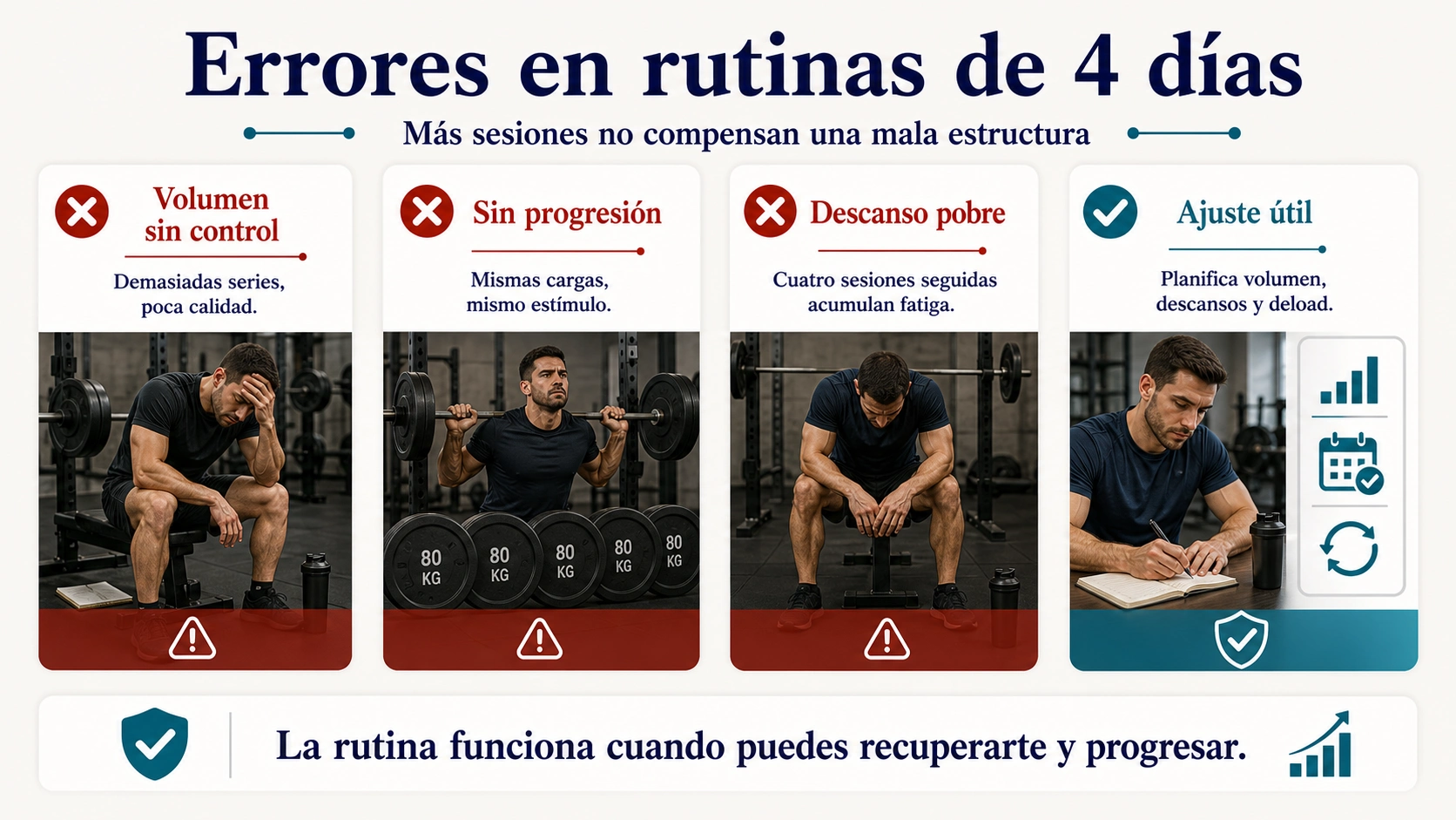 Infografía de errores en rutina de gimnasio 4 días con volumen sin control falta de progresión descanso pobre y ajuste útil