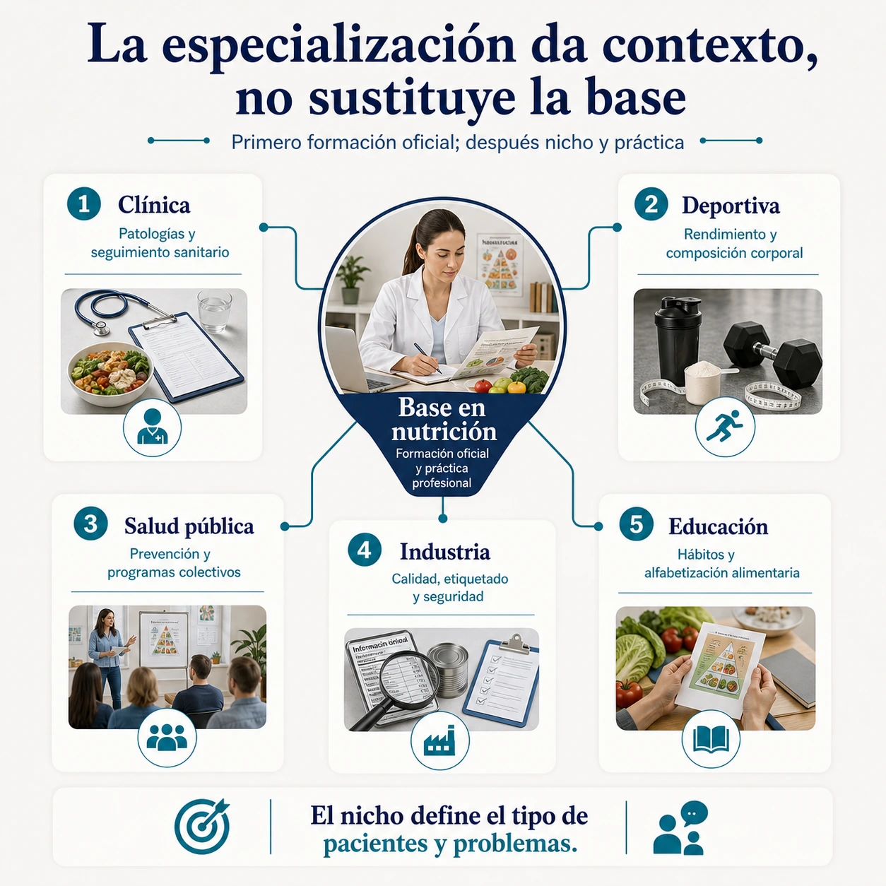 Mapa de especializaciones en nutrición clínica deportiva salud pública industria y educación sobre una base formativa oficial