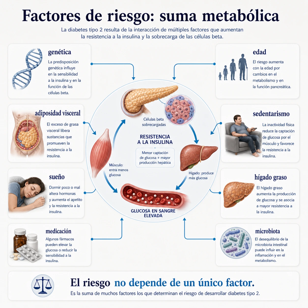Factores de riesgo de diabetes tipo 2 con genetica edad adiposidad visceral sedentarismo sueño higado graso medicacion y microbiota