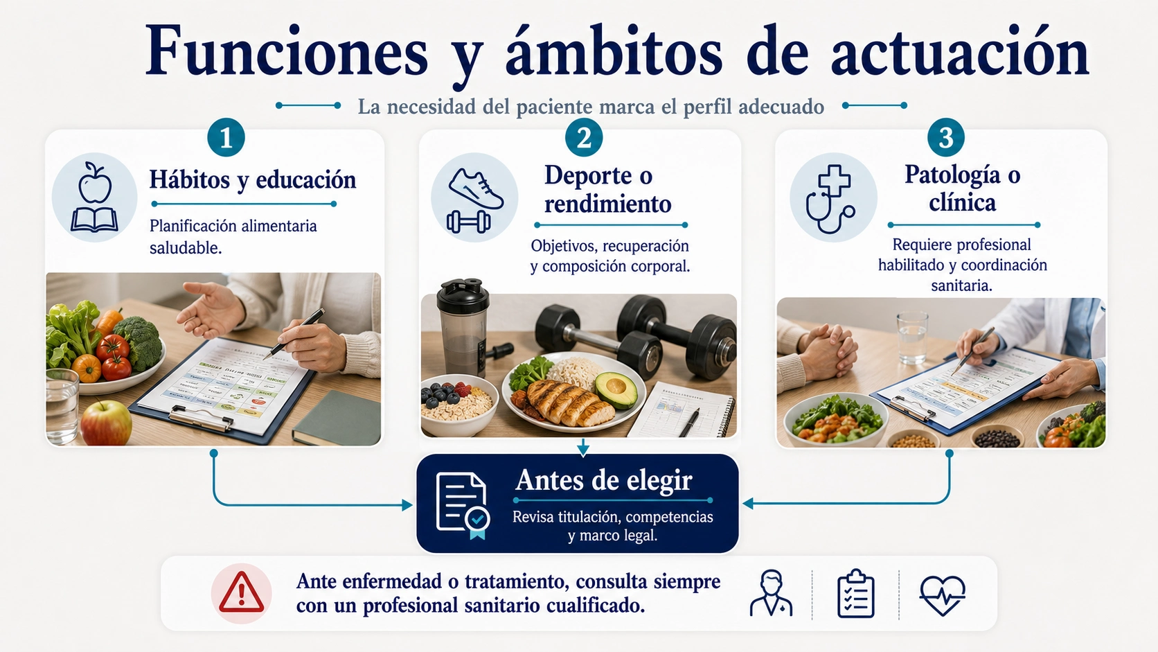 Árbol de decisión de funciones y ámbitos de actuación de dietista y nutricionista con hábitos deporte y clínica