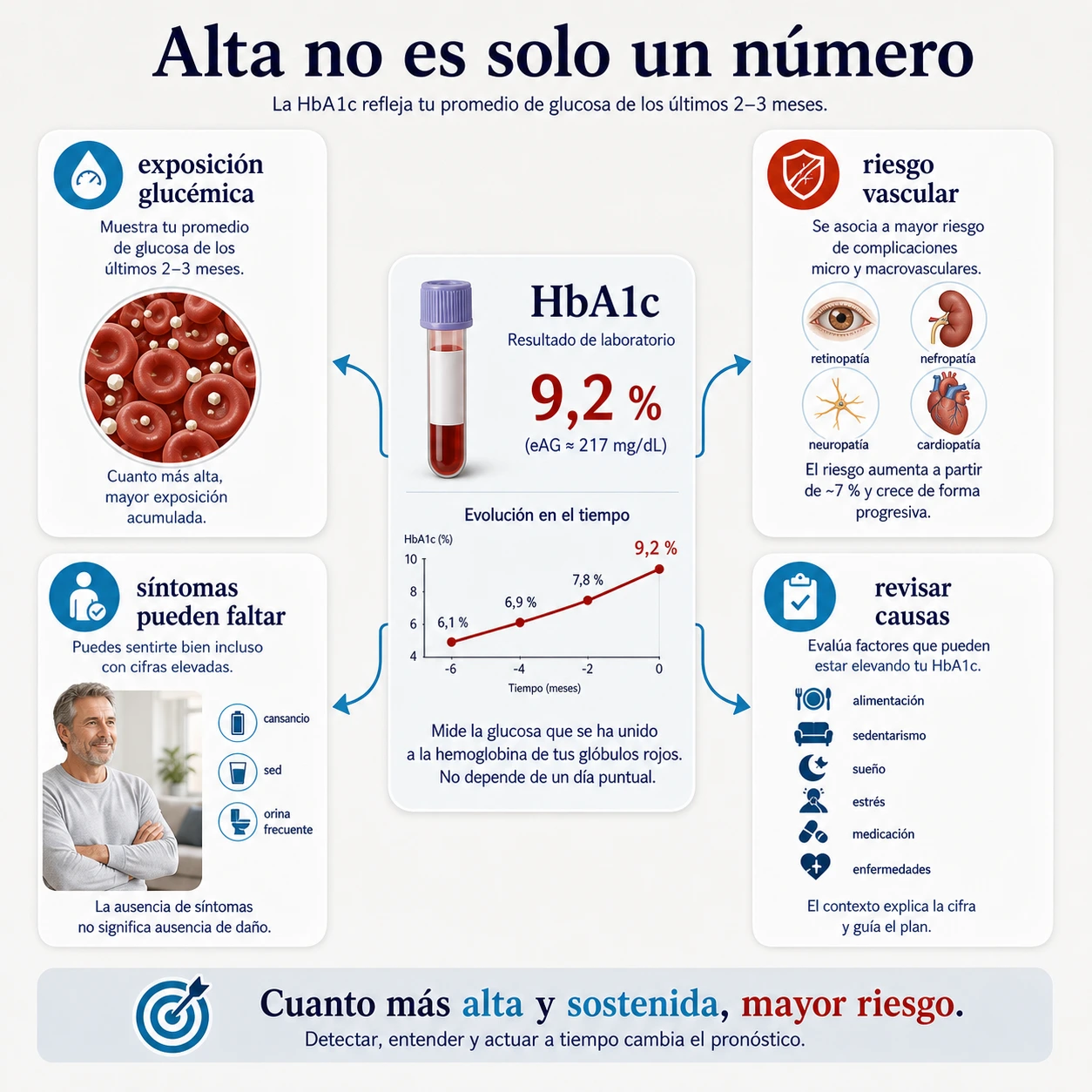 Interpretacion de HbA1c alta como exposicion glucemica sostenida con riesgo vascular y ausencia posible de sintomas