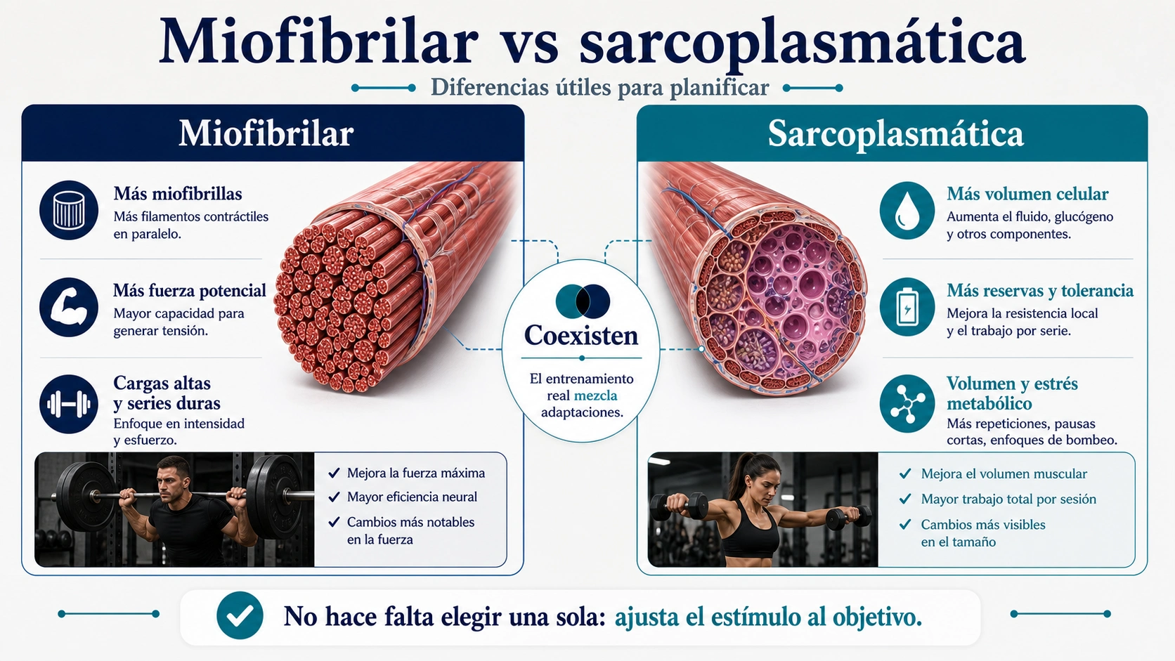 Comparativa de hipertrofia miofibrilar y sarcoplasmática con fuerza volumen y adaptaciones coexistentes