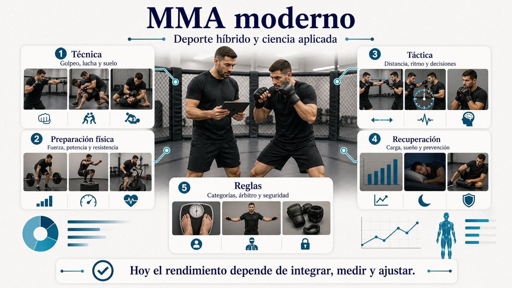 Infografía de MMA moderno como ciencia aplicada con técnica preparación física táctica recuperación y reglas