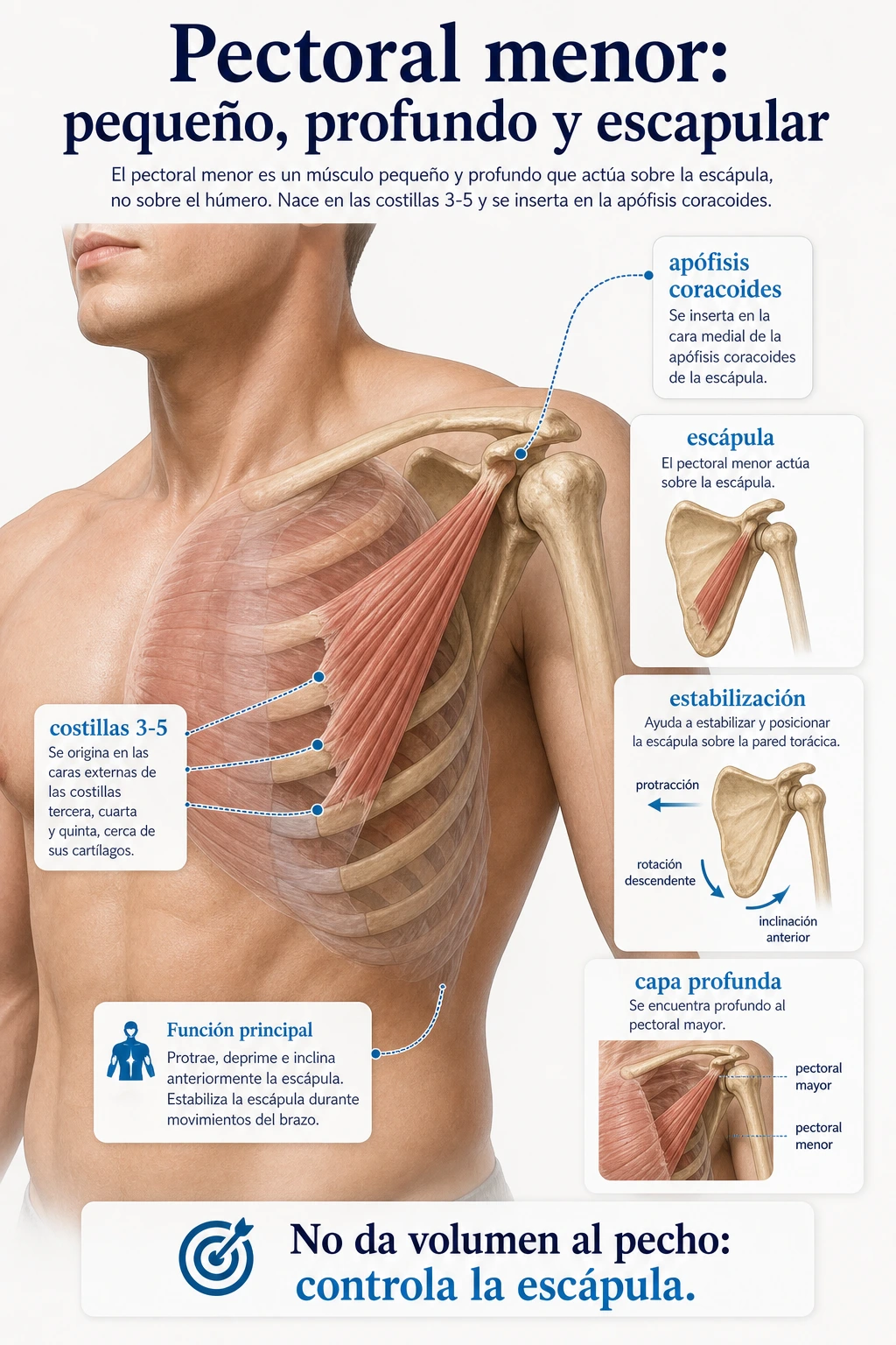 Pectoral menor profundo desde costillas tres a cinco hasta apofisis coracoides de la escapula