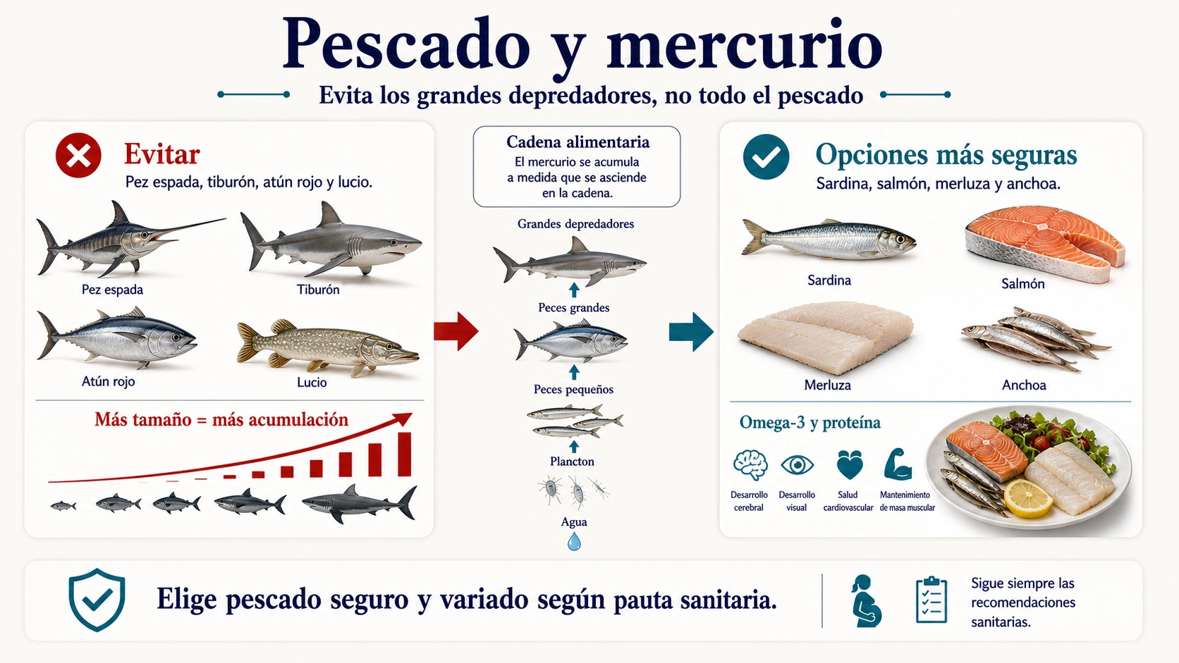 Infografía de pescado y mercurio en embarazo con peces grandes a evitar y opciones más seguras