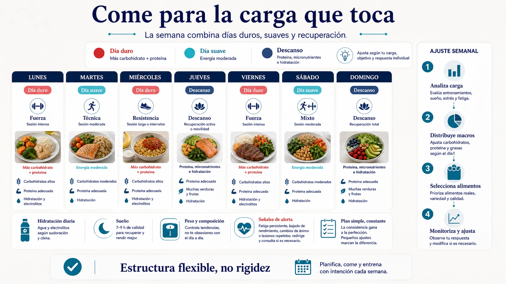 Calendario semanal de nutrición deportiva ajustado a días de fuerza resistencia técnica descanso y carga de carbohidratos proteína e hidratación
