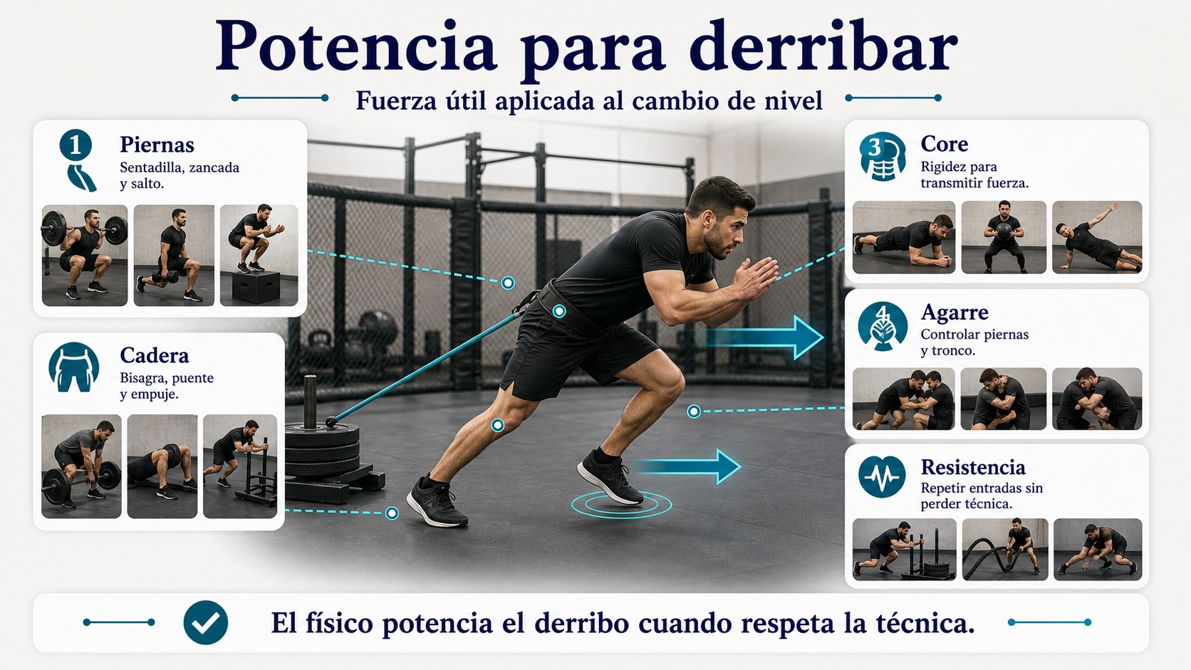 Infografía de potencia para derribar en MMA con piernas cadera core agarre y resistencia